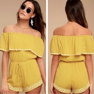 Lulu's Mustard Yellow Embroidered Off-the-Shoulder Romper SIZE S